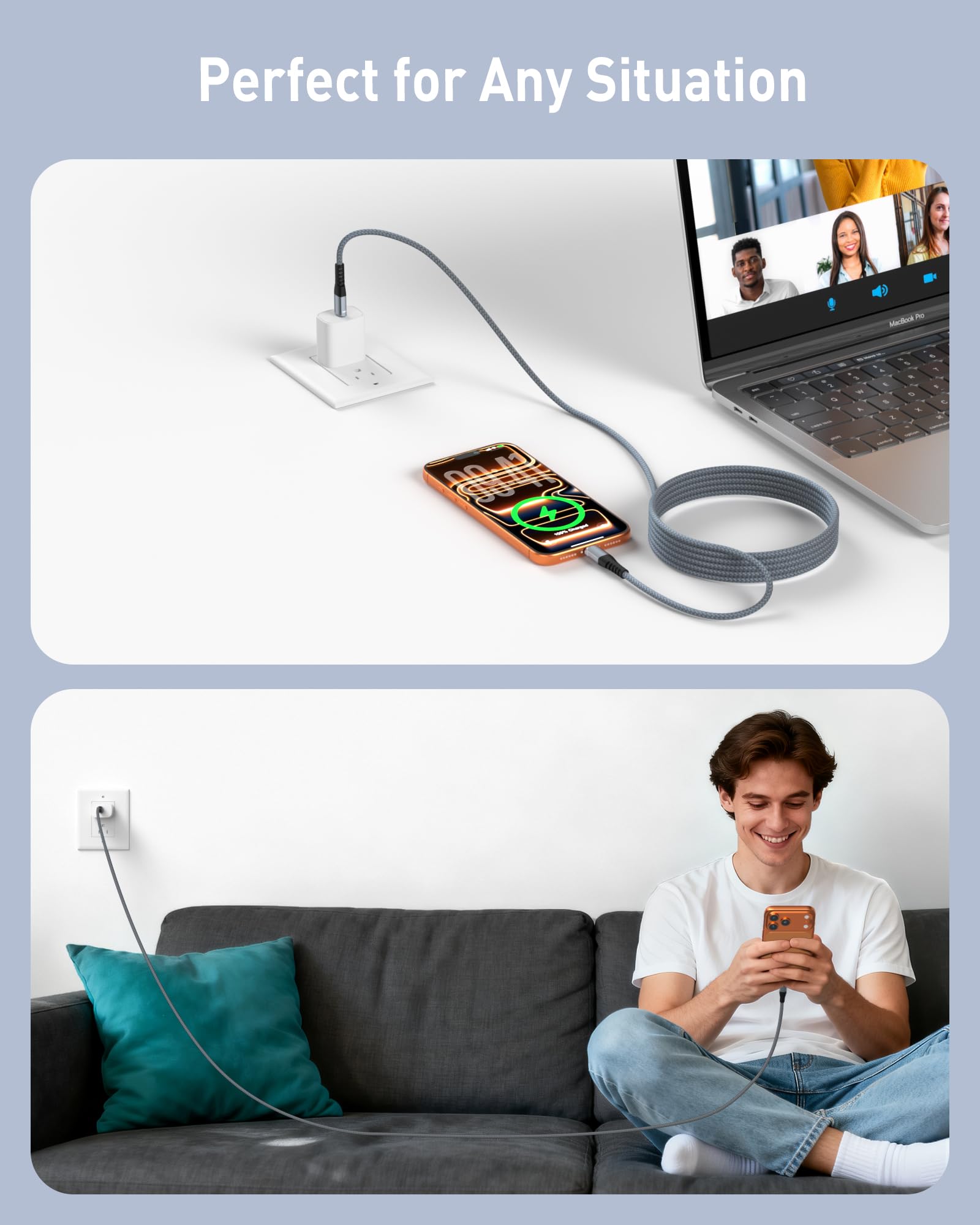 Cavo da USB C a USB C, confezione da 2, 1,8 m, cavo di ricarica rapida tipo C da 60 W, cavo di ricarica USB C intrecciato in nylon per iPhone 17 16 15 Pro Max iPad MacBook Neo Air Pro Samsung S26 S25