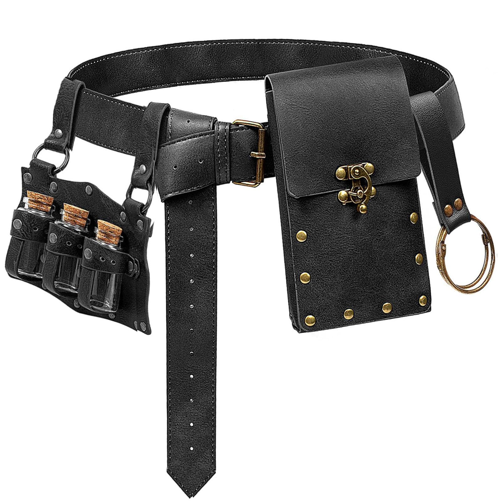 Belt Pouch Waist Bag Fanny Pack Steampunk Phone Holder Medieval Bag Leather Belt Renaissance Cosplay Costume Accessories (3Bottle-New/black)