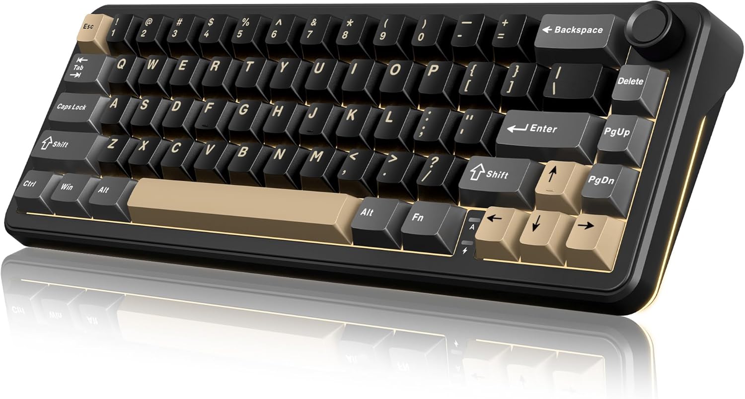 RedThunder K65 Wireless Mechanical Keyboard, CNC Knob, Tri-Mode BT5.0/2.4GHz/USB-C Hot Swappable Custom, Pre-lubed Linear Coconut Switches, Gasket Structure, RGB Gaming Keyboard, Black-Gold