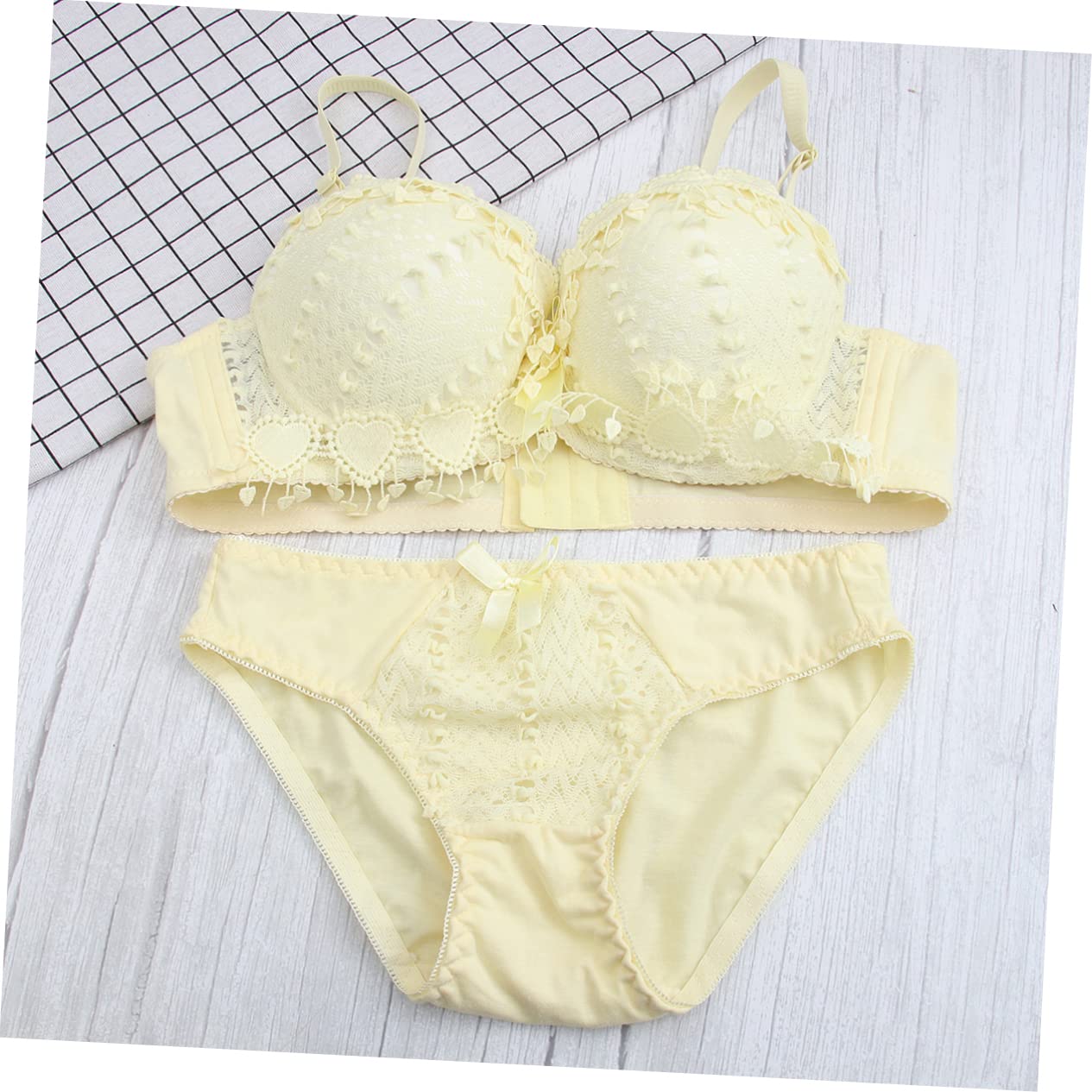 BH Gelb Spitze 2-teiliges Frauen- Bralette Für Frauen Gepolsterte Bralettes Für Damen Frauen Dessous Push-up Stick-BHS Für Damen Blumenspitze Durchscheinend Spitzenunterwäsche