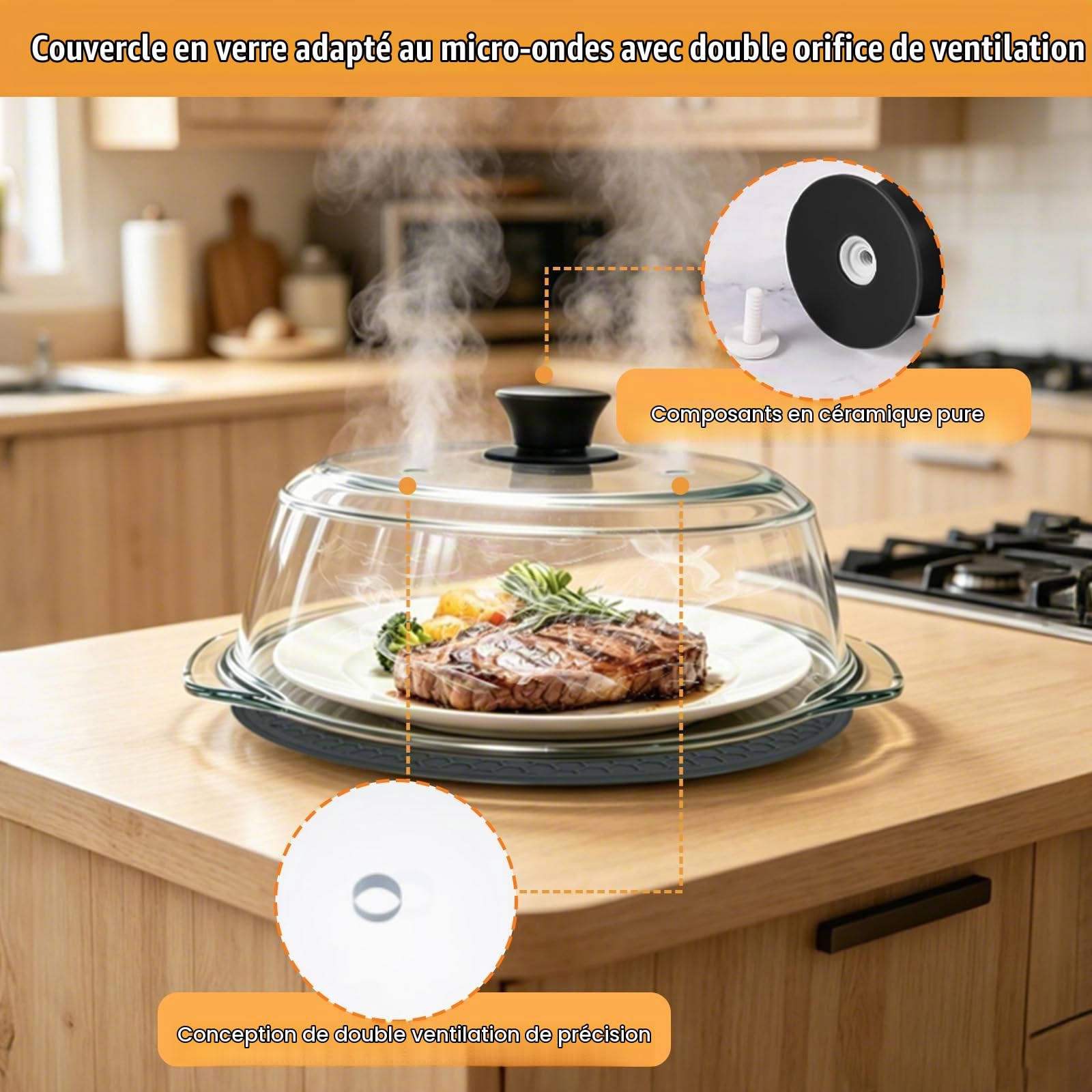 Couvercle Micro Ondes Verre: Protection Anti-brûlure pour Micro-ondes Avec Poignées en Silicone-Couvercle pour Micro-ondes Avec Double Trou d'aération-pour Assiettes et Bols Sans BPA