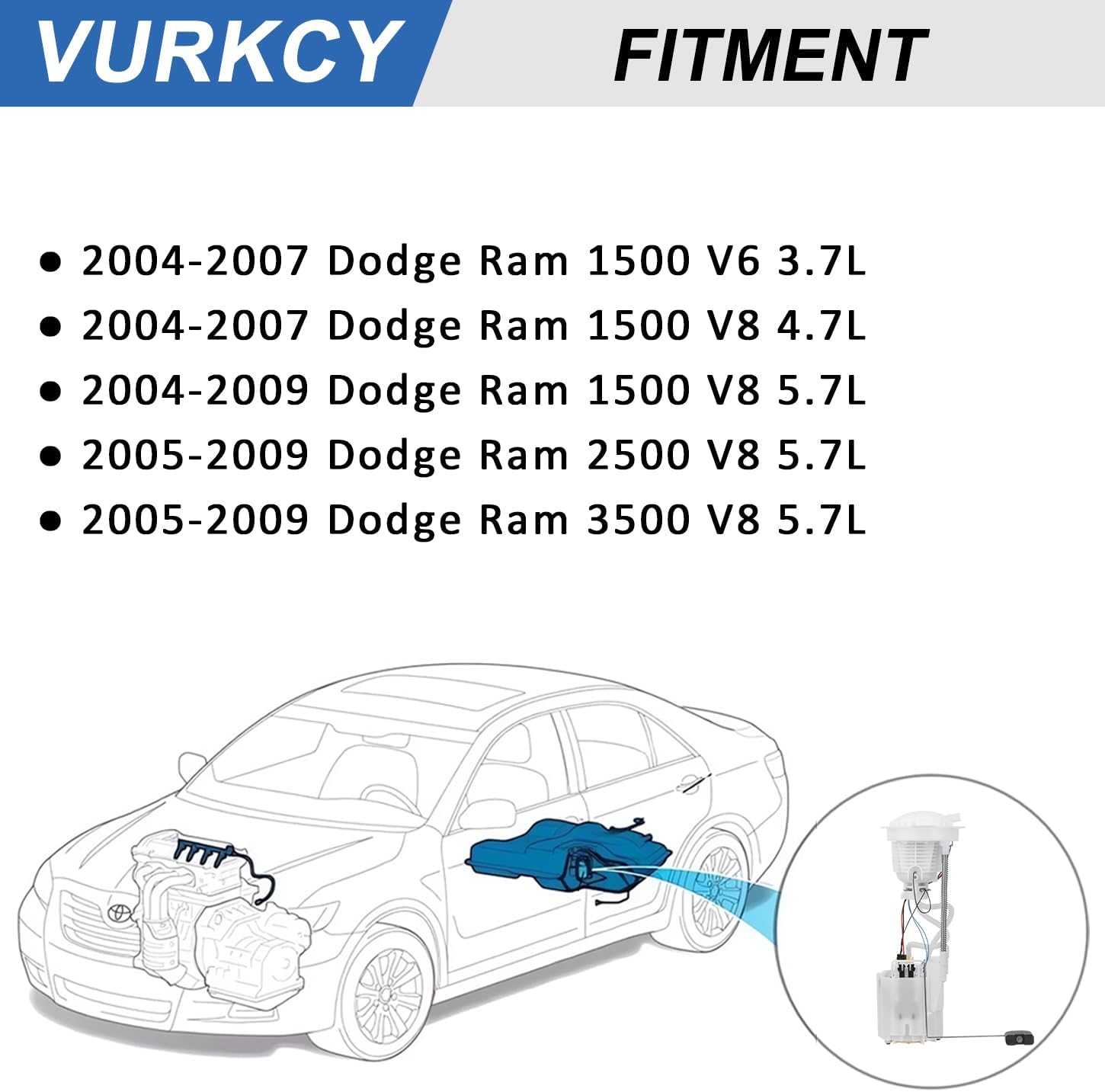 Electric Fuel Pump Module Assembly Compatible with 2004-2007 Dodge Ram 1500 V6 3.7L/ V8 4.7L/ 04-09 Ram 1500 V8 5.7L/ 05-09 Ram 2500 V8 5.7L/ 05-09 Ram 3500 V8 5.7L, Replace E7186M E7165M