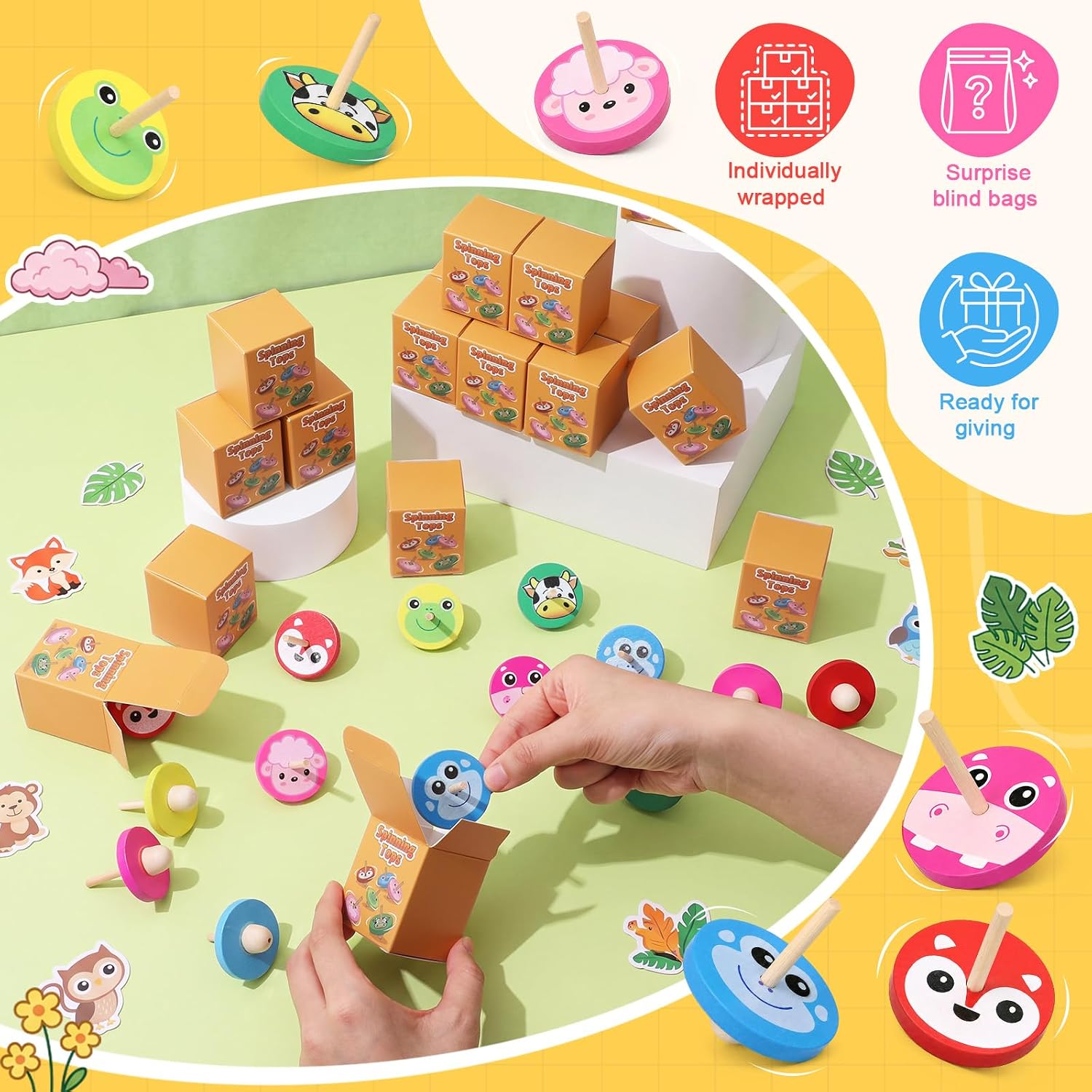 60 Pack Wood Spinning Top Bulk, Jungle Kids Party Favors Spinning Tops Goodie Bags Stuffers for Kids 3-5 4-8, Return Gifts for Birthday Party, piñata, Classroom Prizes, Rewards