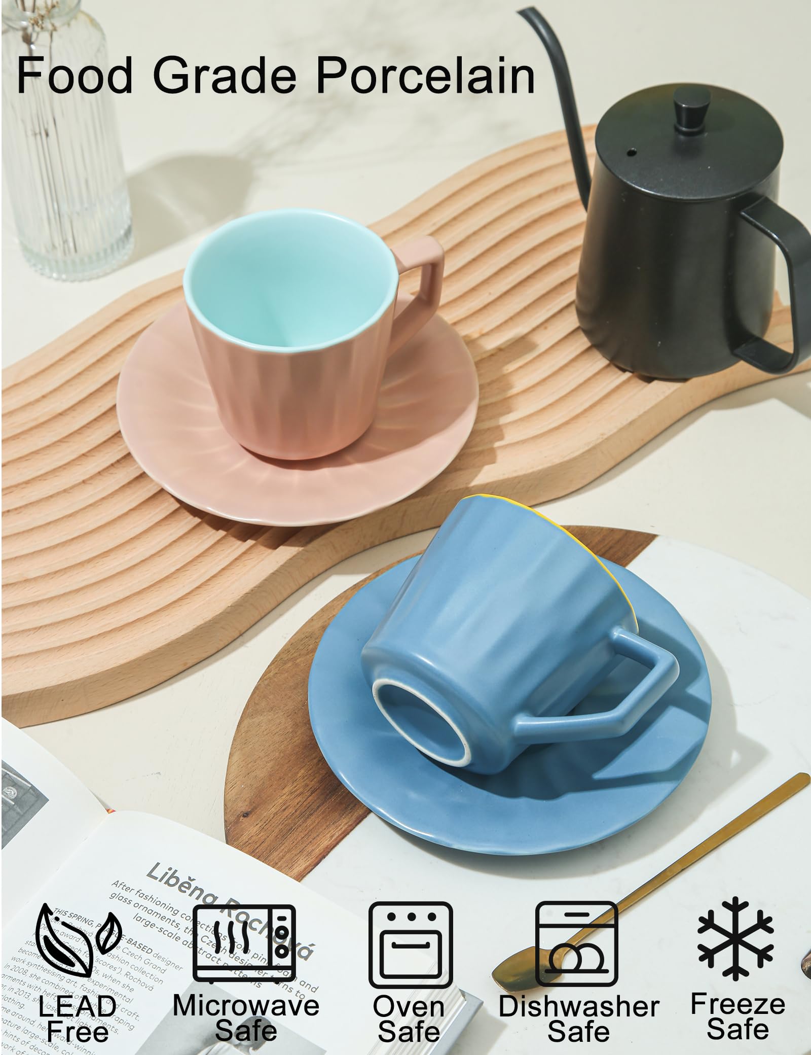 Juego de 4 tazas y platillos de té, tazas grandes de espresso de 7.5 onzas, taza de café de porcelana y platillo, taza de café apta para lavavajillas y microondas, para capuchino, latte,