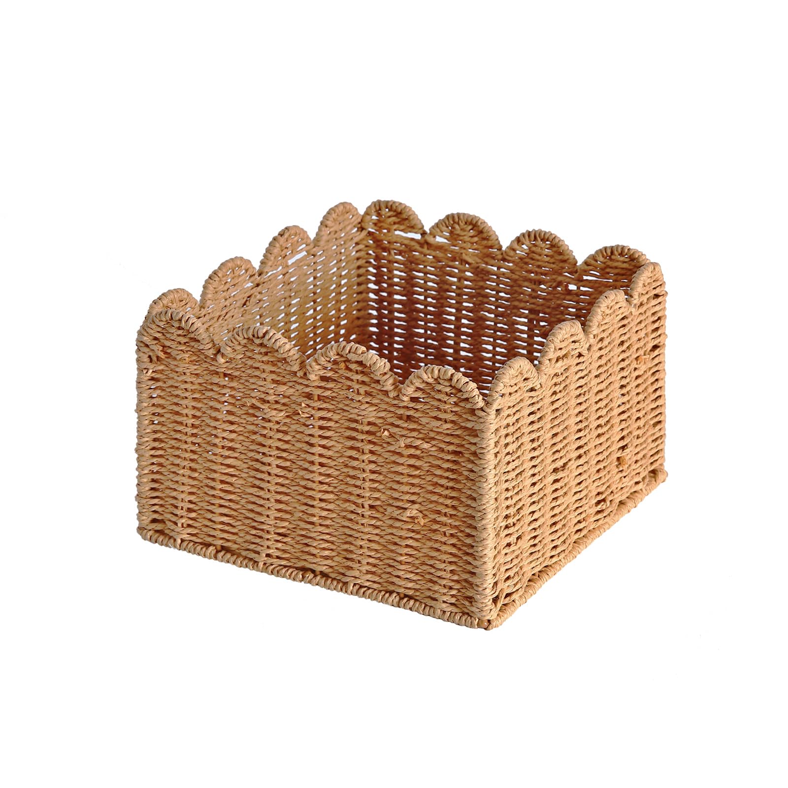 Cestino con bordo smerlato, cesti portaoggetti in vimini, cestini intrecciati a mano per scaffali, cestini naturali per organizzare (S-24,1 cm L x 24,1 cm W x 14 cm H)