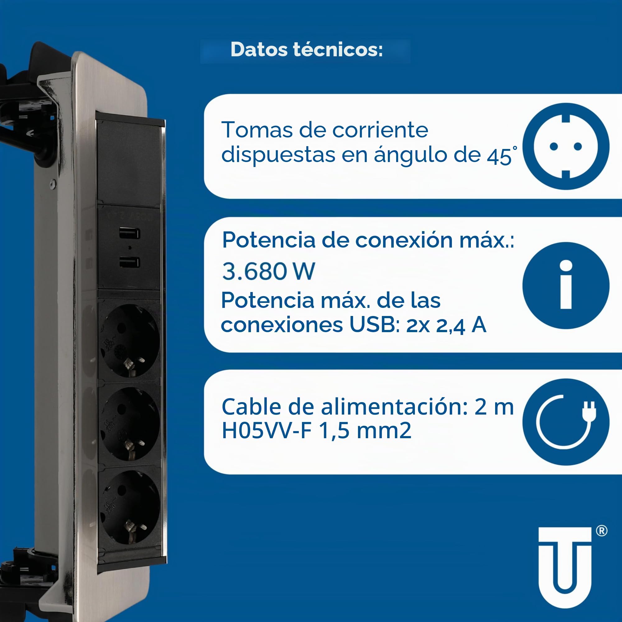 Unitec 30886 - Regleta retráctil Horizontal, 2 Puertos de Carga USB, 3 enchufes, Solapas de sujeción Incluidas, Cable de conexión y Enchufe