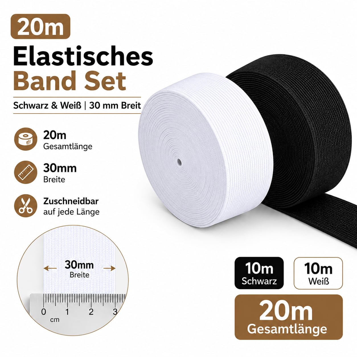 Gummiband Nähen 30 mm Breit, 20m Schwarz & Weiß Elastisches Band für Bund, Hosen, Perücken und DIY-Bastelprojekte