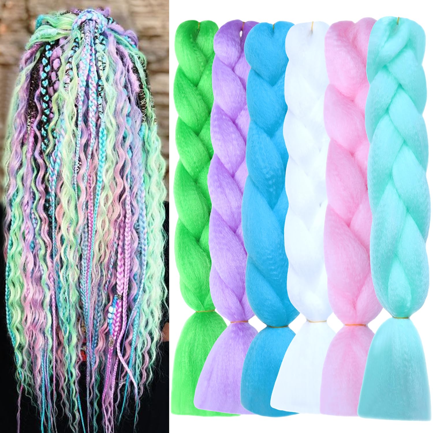 Zifeiya Colorful Braiding Hair 24inch Colored Hair Extensions for Braids 6pcs Multicolor Rainbow Braiding Hair for Kids Girls Women