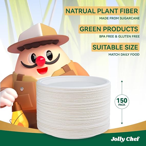 JOLLY CHEF 150 Pack 9 Inch Strong Disposable Bagasse Plates White | Compostable Biodegradable Bagasse Plates, Heavy-Duty Sugarcane Plates for Party & Dinner