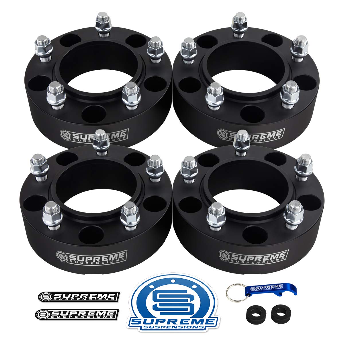 Supreme Suspensions - 4pc Set [Black] 2" Hub Centric Wheel Spacers for Toyota Tundra/Sequoia/Landcruiser 2WD 4WD - BP: 5x150mm / CB: 110mm / Studs: M14x1.5 [Includes 4 Tire Valve Caps]