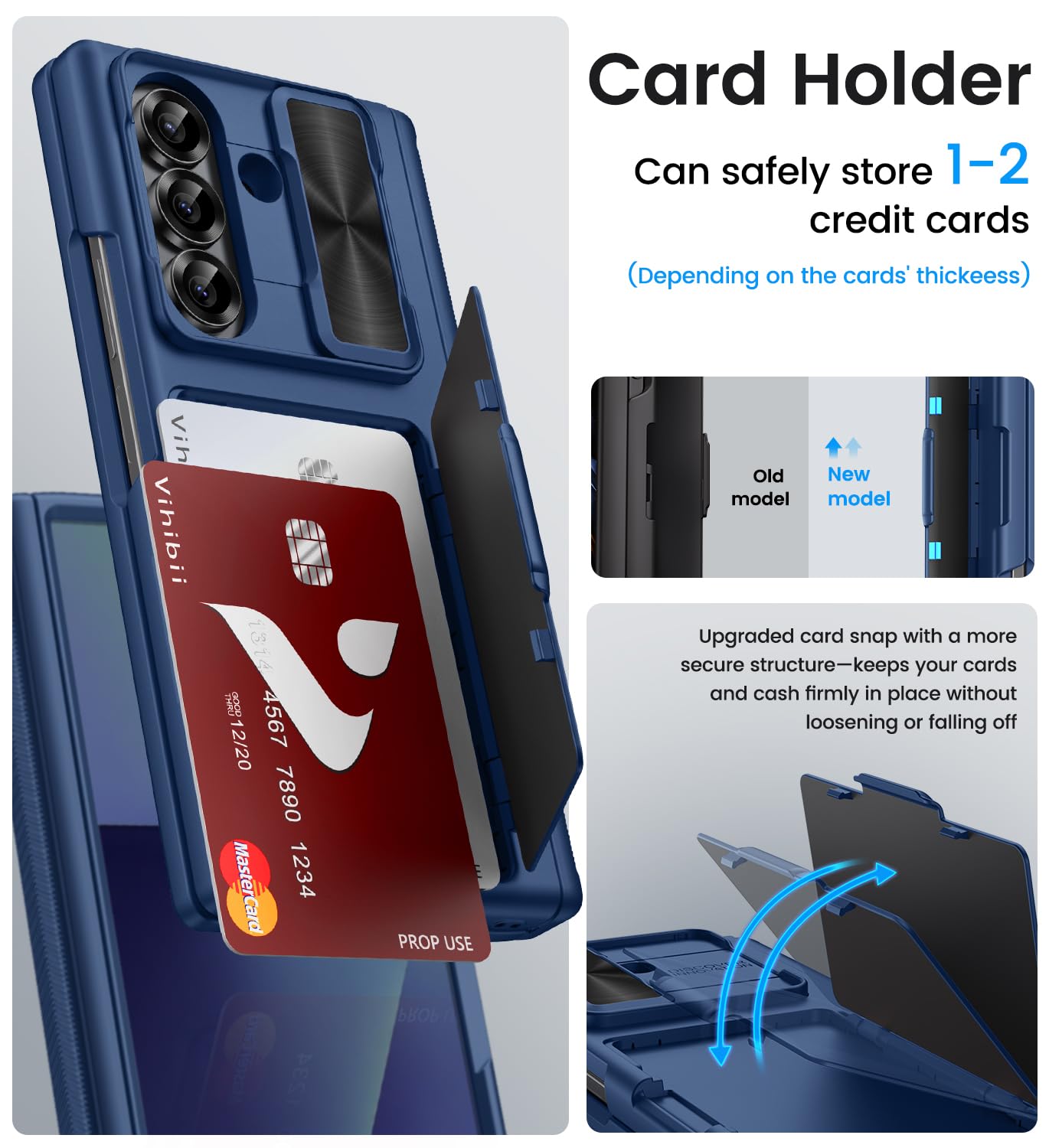 Vihibii Etui do Samsung Galaxy Z Fold 7 z uchwytem na karty, ochrona zawiasu, ochrona ekranu, przesuwna kamera, twarda obudowa telefonu odporna na wstrząsy do Samsung Z Fold 7 2025, niebieskie