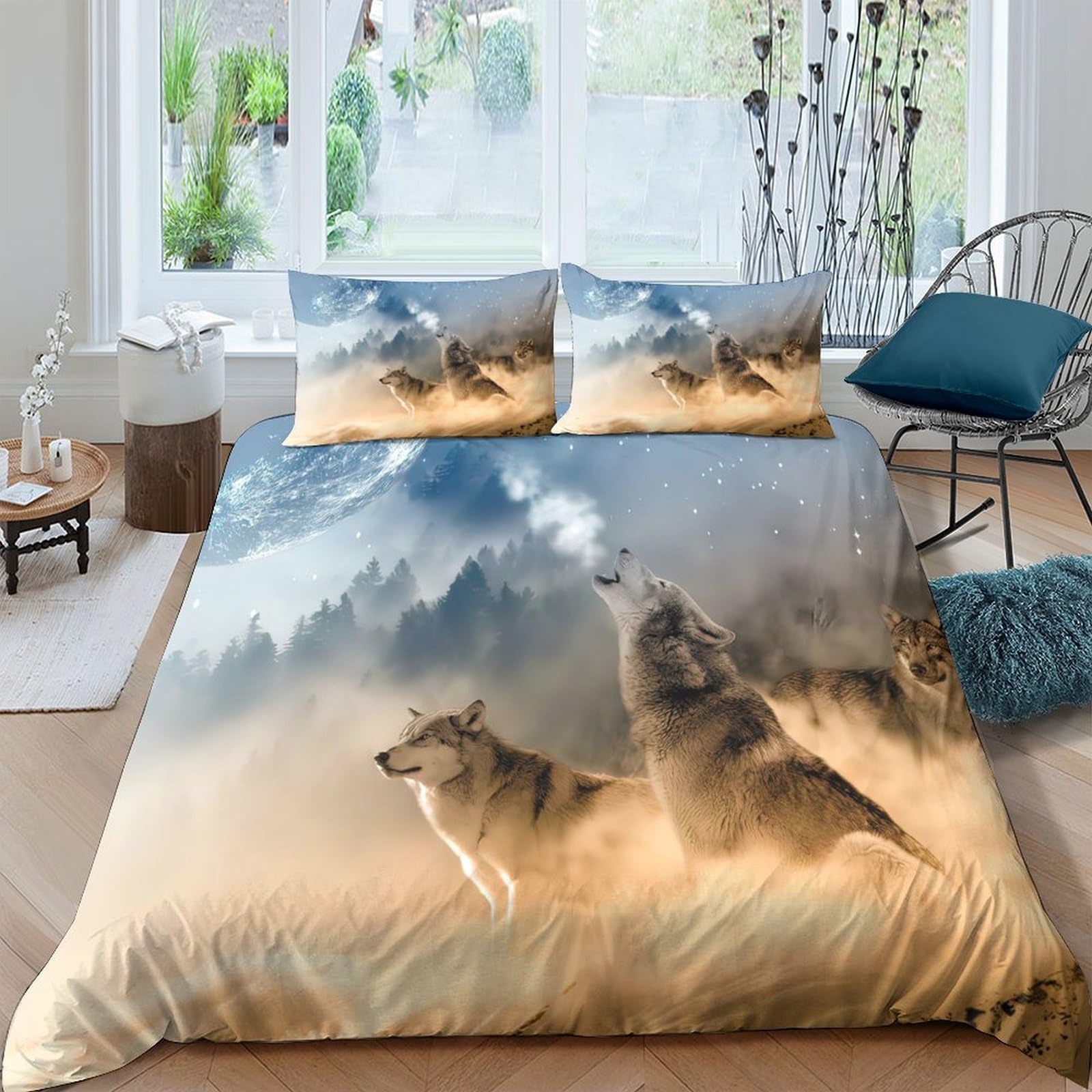Ctjqhvkz Style-1 3D Printed Howling Wolf Fitted Sheet Microfiber Soft Breathable Forest Mist Mattress Cover For Bedroom Dorm Decor Single（135X200cm）