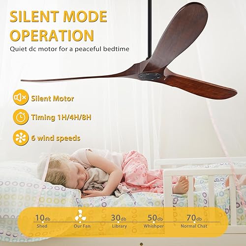 Miniatura 3 de Ventiladores de techo de madera de 70 pulgadas sin luz, ventiladores de techo con 3 cuchillas y varillas inferiores, 6 velocidades, motor de CC,