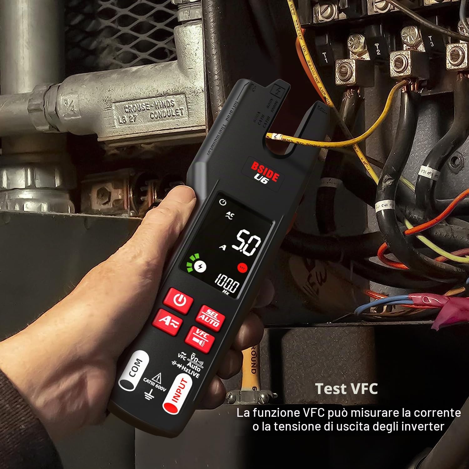 BSIDE U6 Tester Elettrico con Termometro Infrarossi Pinza Amperometrica AC DC 600A 9999 Conteggi VFC LCD a Colori Multimetro Digitale Intelligente Ganasce Aperte con Batteria Ricaricabile e Custodia