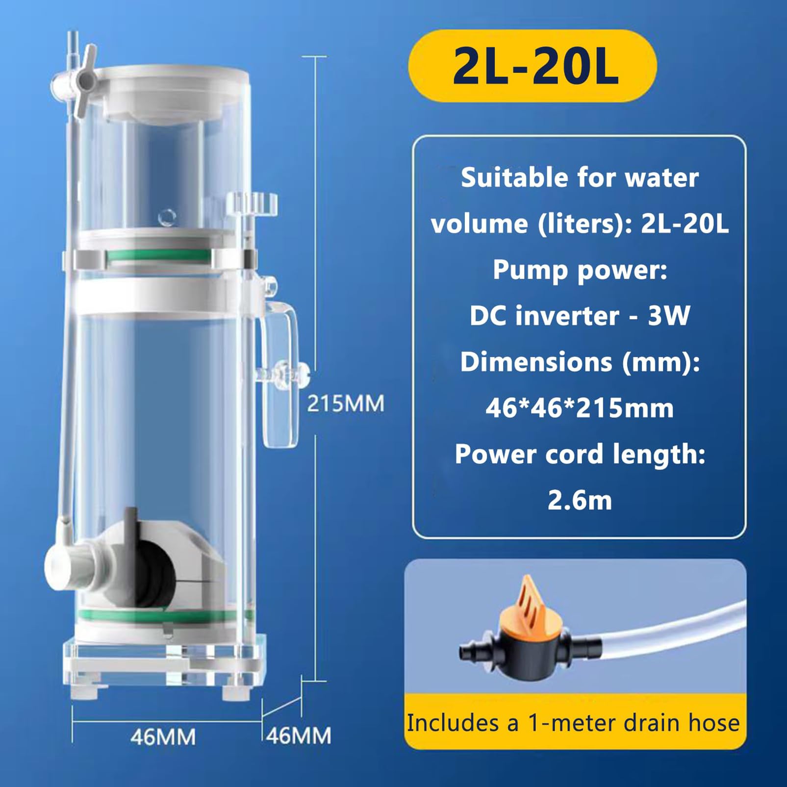 Skimmer de superficie de acuario, espumador de proteínas para acuarios de agua salada, mejora la calidad del agua, adecuado para peceras de 2 a 90 L