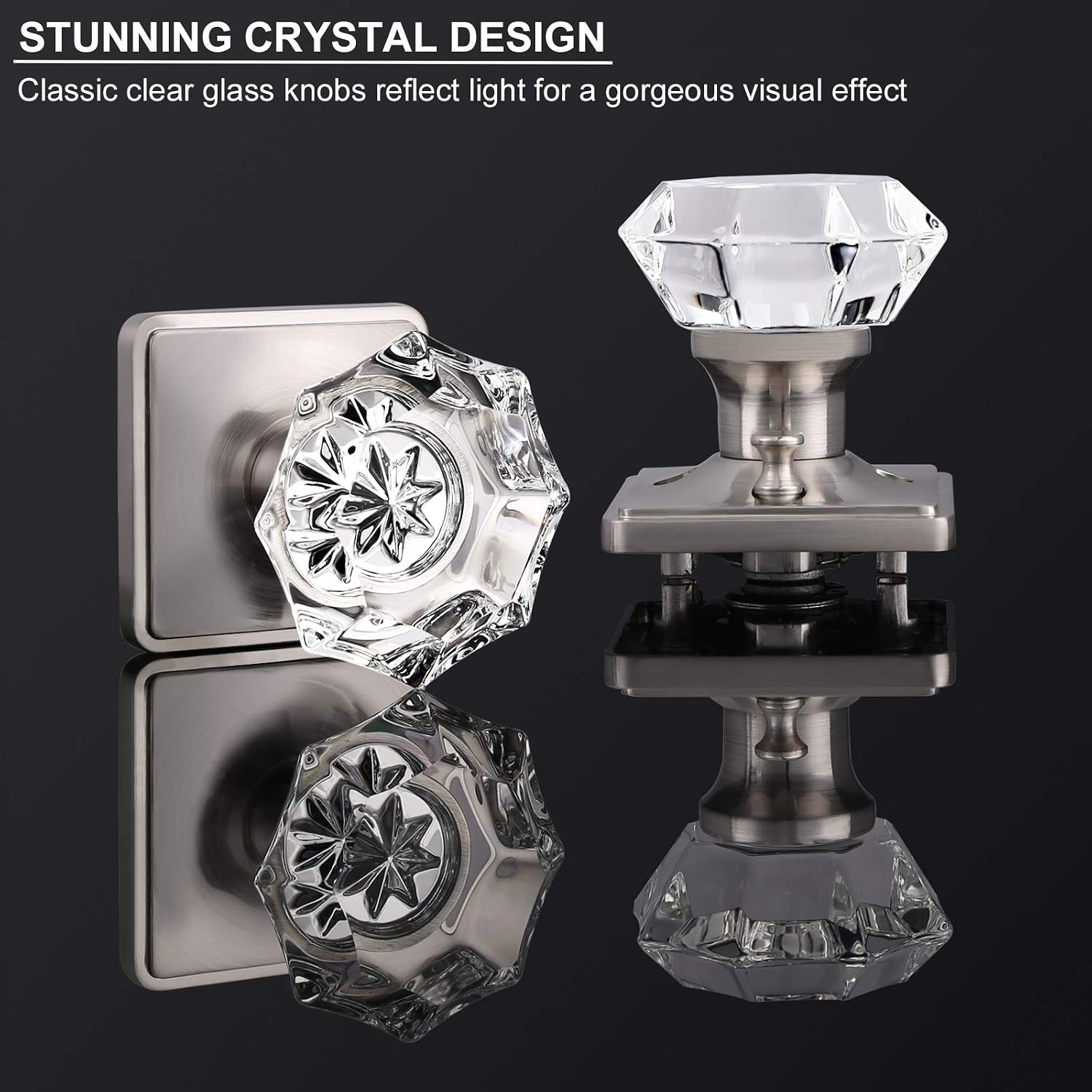 Knobonly 5 Pack Privacy Interior Glass Door Knobs, Octagon Diamond Crystal Door Knobs, Clear Glass Bedroom Bathroom Door Knob, Alexandria Keyless Satin Nickel Door Knob with Square Rosette