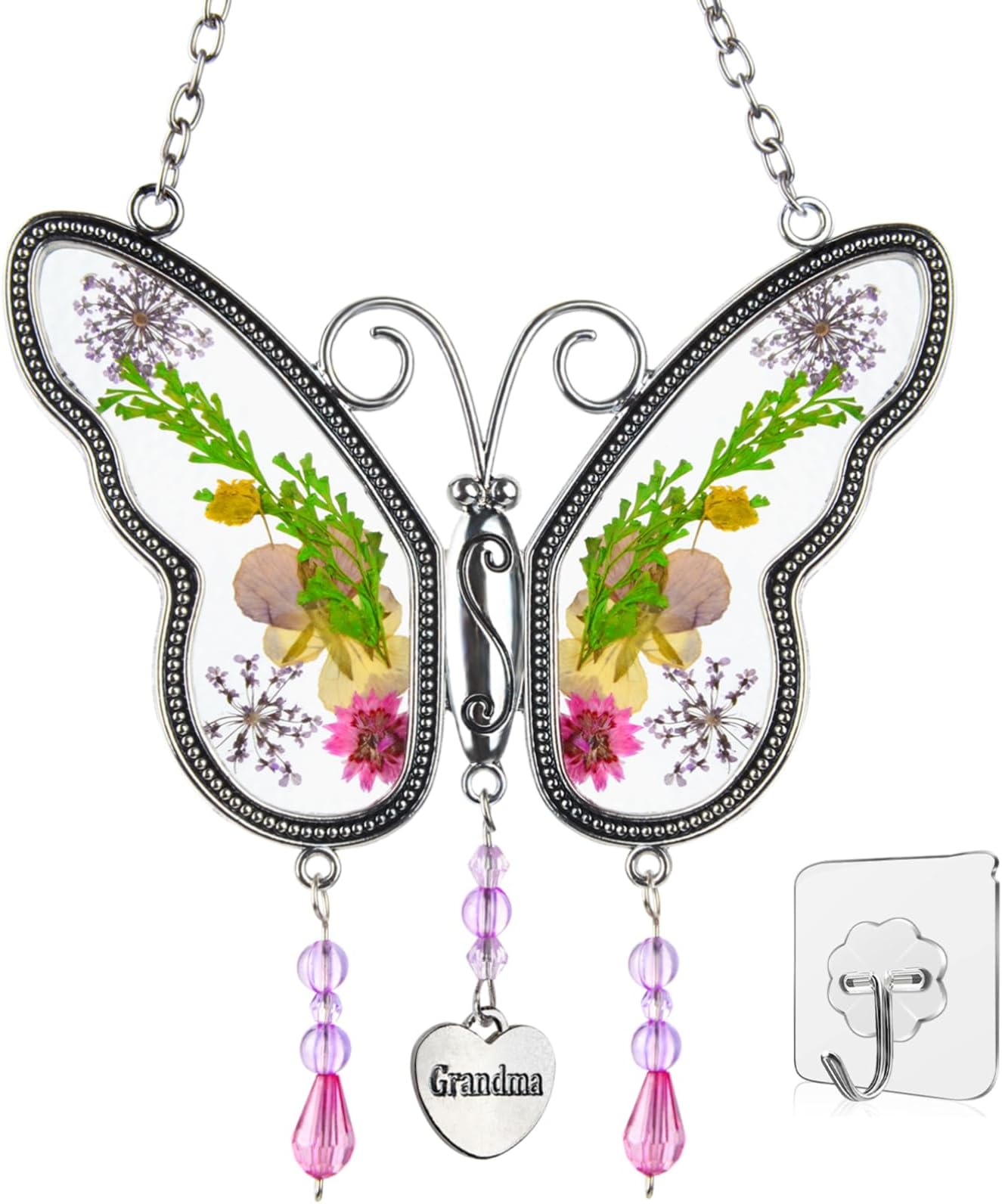 Butterfly Suncatchers Grandma Gifts with Pressed Real Flower Wings and Metal Heart Gifts for Grandma, Hanging Decor, Kitchen Window Decor, Room Decor, Grandma Birthday Gifts