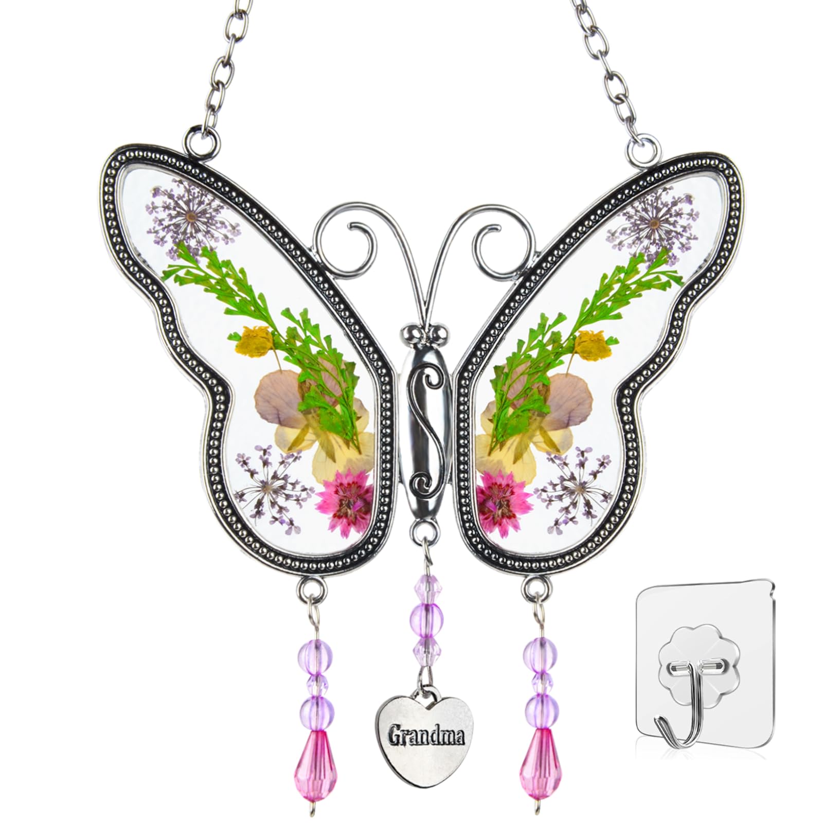 Butterfly Suncatchers Grandma Gifts with Pressed Real Flower Wings and Metal Heart Gifts for Grandma, Hanging Decor, Kitchen Window Decor, Room Decor, Grandma Birthday Gifts