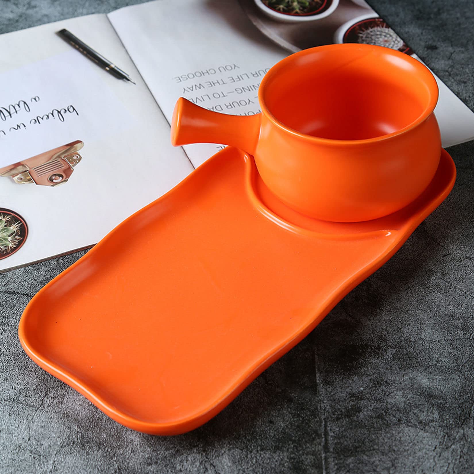 Ceramiczna miska ramen, Francuska zupa cebulowa z uchwytem na śniadanie, ceramiczne miski śniadaniowe i zestaw talerzy na płatki owsiane, deser owocowy, kanapka-czerwona (Size : Orange)