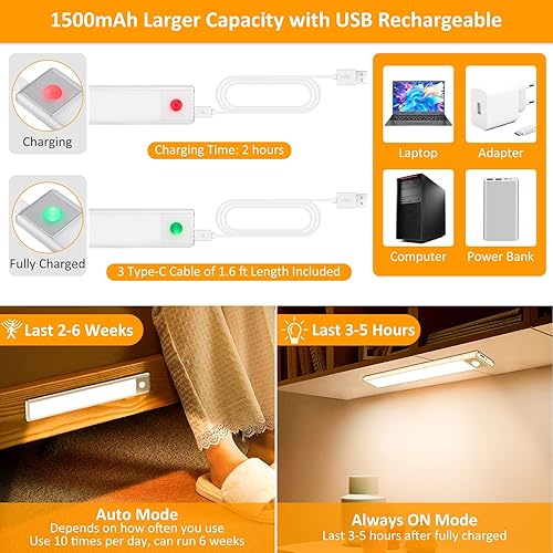 Miniatura 3 de YLXS 51 luces LED con sensor de movimiento para debajo del gabinete, luces magnéticas recargables de 12 pulgadas, barra de luz nocturna inalámbrica,