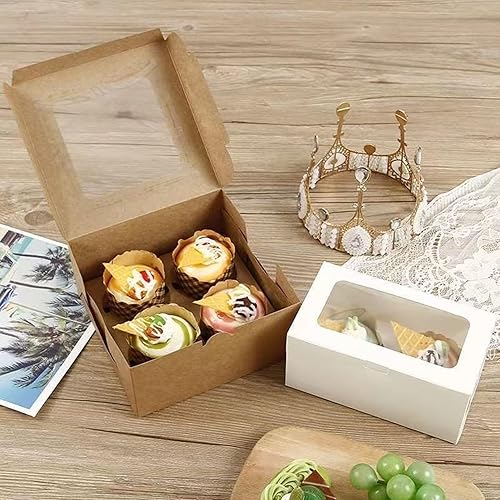 Miniatura 6 de Juego de 30 cajas para cupcakes a granel con ventana transparente para 4 cupcakes estándar, contenedor desechable de papel kraft de grado