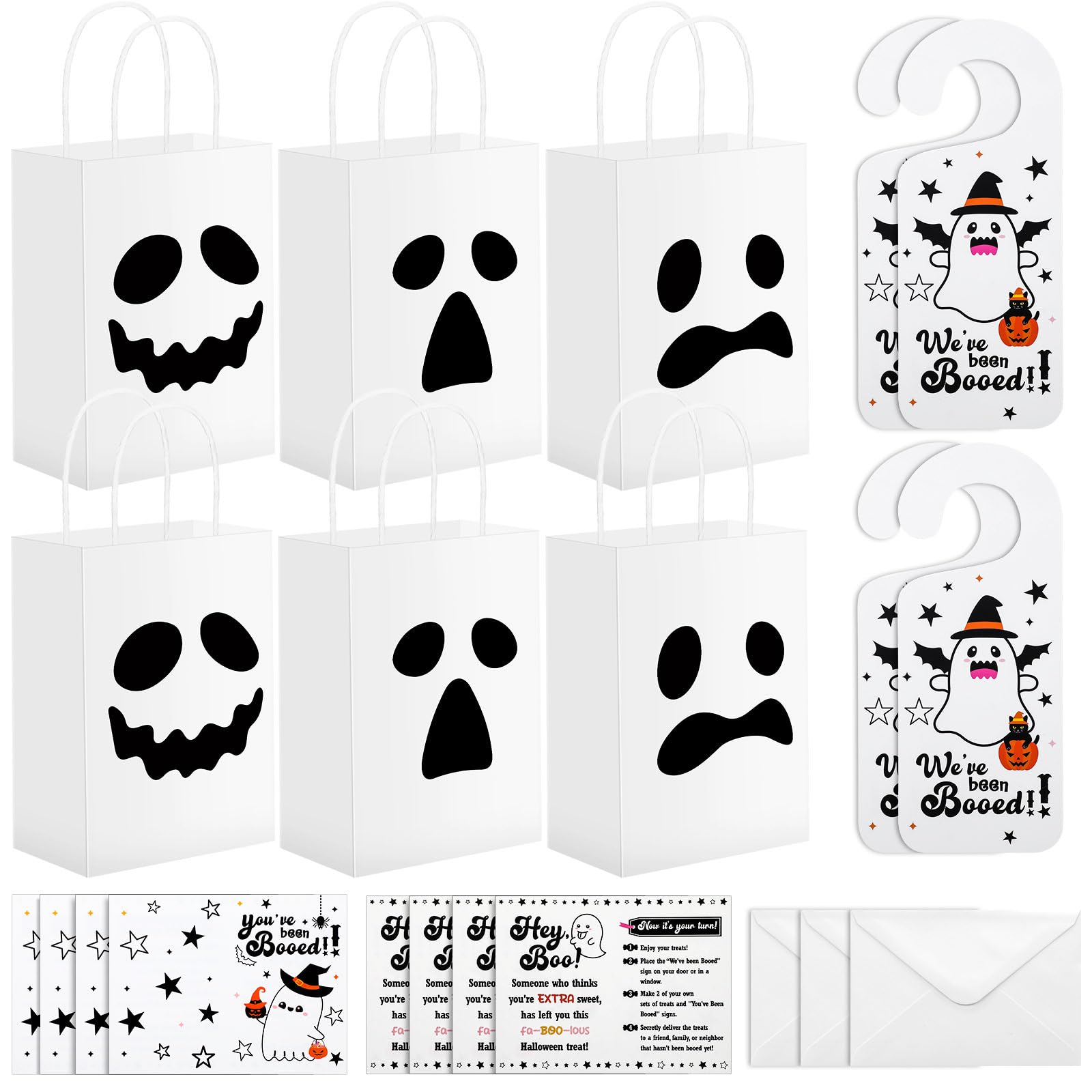 Resholder Set di 24 sacchetti regalo di carta con fantasma di Halloween con 24 sacchetti regalo Boo, 24 cartoncini, 24 ganci per maniglie, 24 buste per vicini e amici (classici)