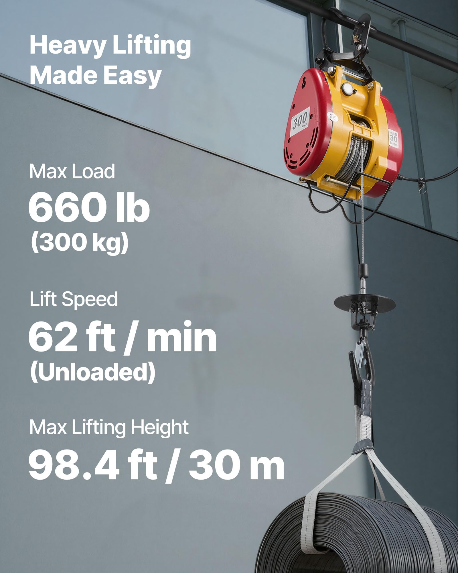 VEVOR Seilwinde Elektrisch 300 kg, 2-in-1 Elektro-Seilhebezug 1500 W, Hebezug 30 m Hubhöhe, Seilzug 18,9 m/min, mit kabelgebundener & kabelloser Fernbedienung für Fabrik, Lagerhalle & Garage