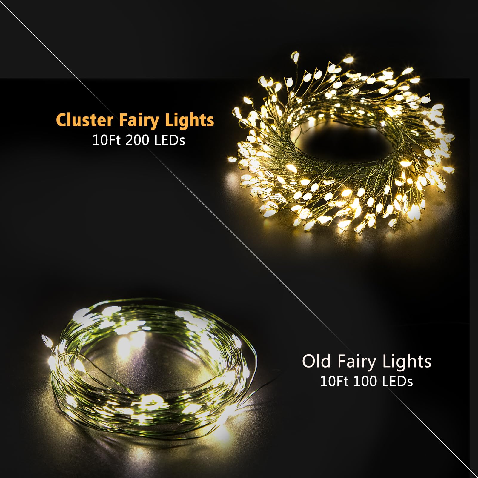 BSGlobal Confezione da 2 luci a grappolo a batteria, totale 400 luci LED di Natale con timer 8 modalità, filo di rame verde scuro per decorazioni per albero di Natale (bianco caldo)
