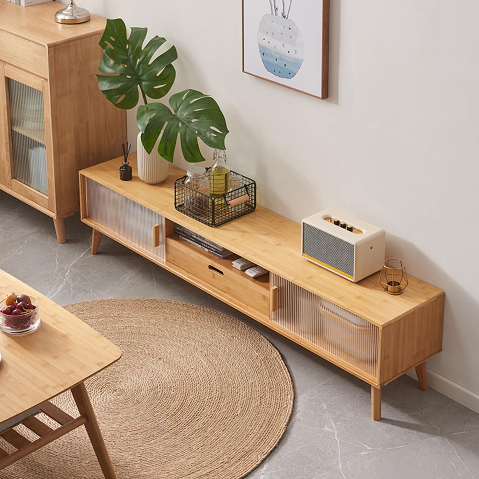Supporto TV in bambù, consolle multimediale con contenitore, centro intrattenimento con ante scorrevoli in vetro e cassetto per soggiorno e camera da letto