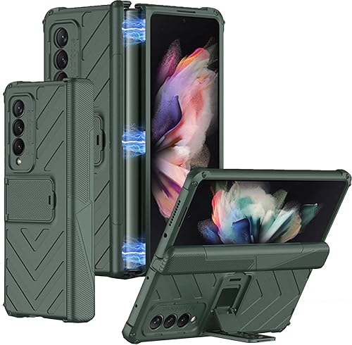 Miimall Funda compatible con Samsung Galaxy Z Fold 3 con protector de pantalla de vidrio templado, bisagra magnética+ranura para bolígrafo