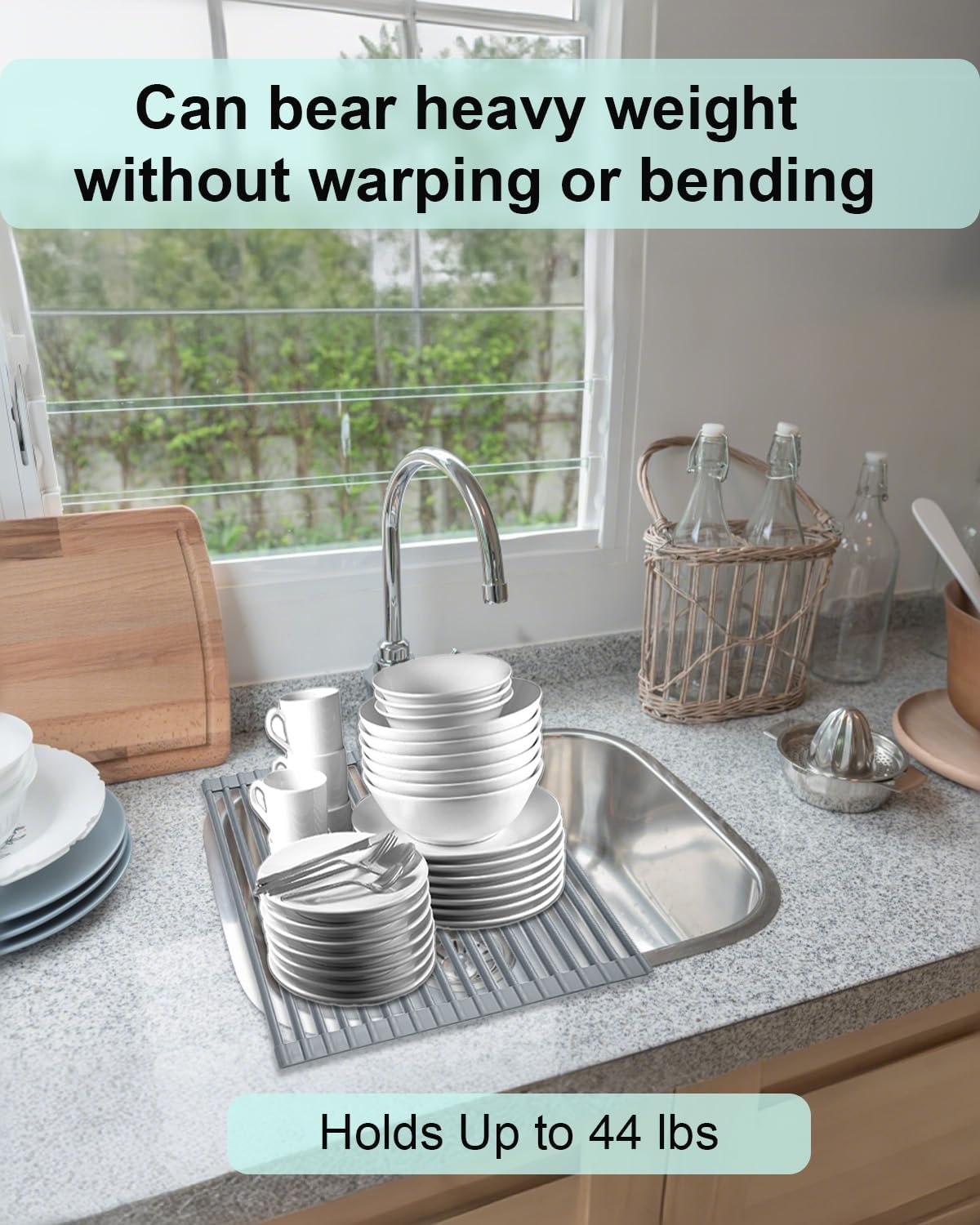 Roll Up Dish Drying Rack Over Sink, 20.47" x 12.99" Foldable Silicone Wrapped Stainless Steel Over The Sink Dish Drying Rack, Grey