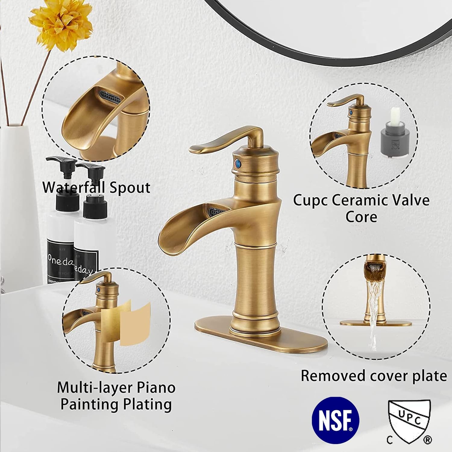 Waterfall Bathroom Faucet Antique Brass GGStudy Single Handle One Hole Farmhouse Bathroom Vanity Faucet Basin Mixter Tap Deck Mount with Drain Assembly