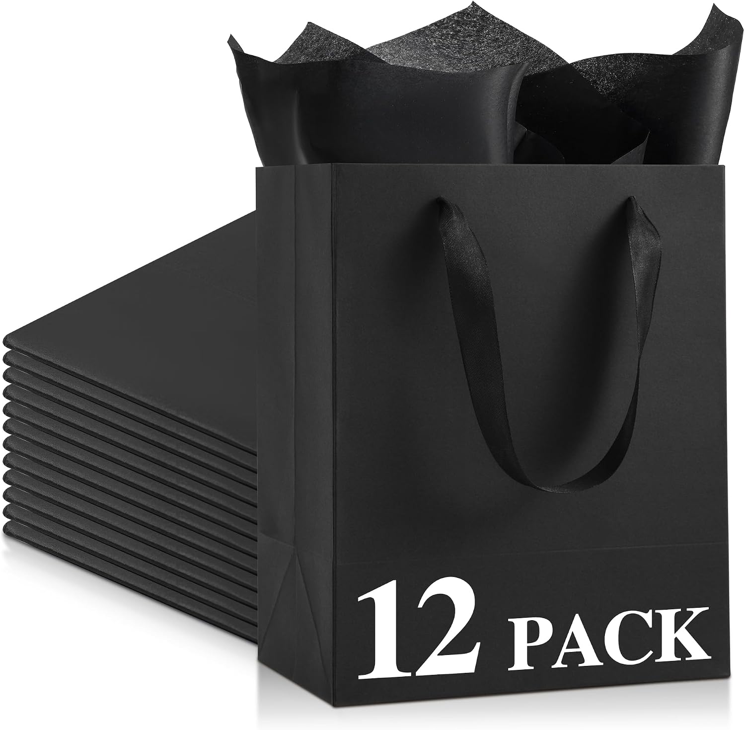 PASEOTA Black Small Gift Bags with Handles & Tissue Paper (8x10x5, 12 PCS)