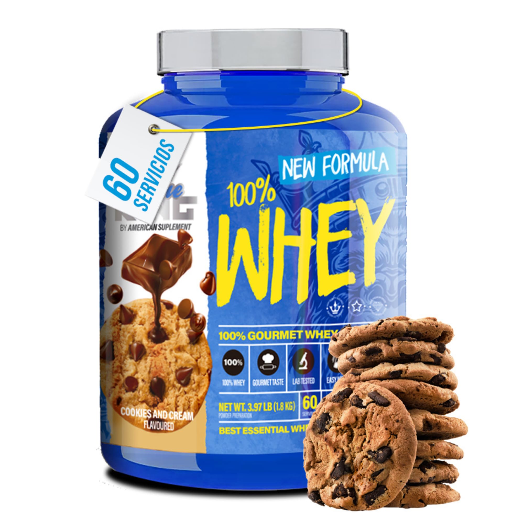 Whey Protein | Aumenta la Masa Muscular y Fuerza | Proteinas Whey | Evita el Catabolismo | Sabores Deliciosos | Contiene Creatina (1.8kg - Cookies)