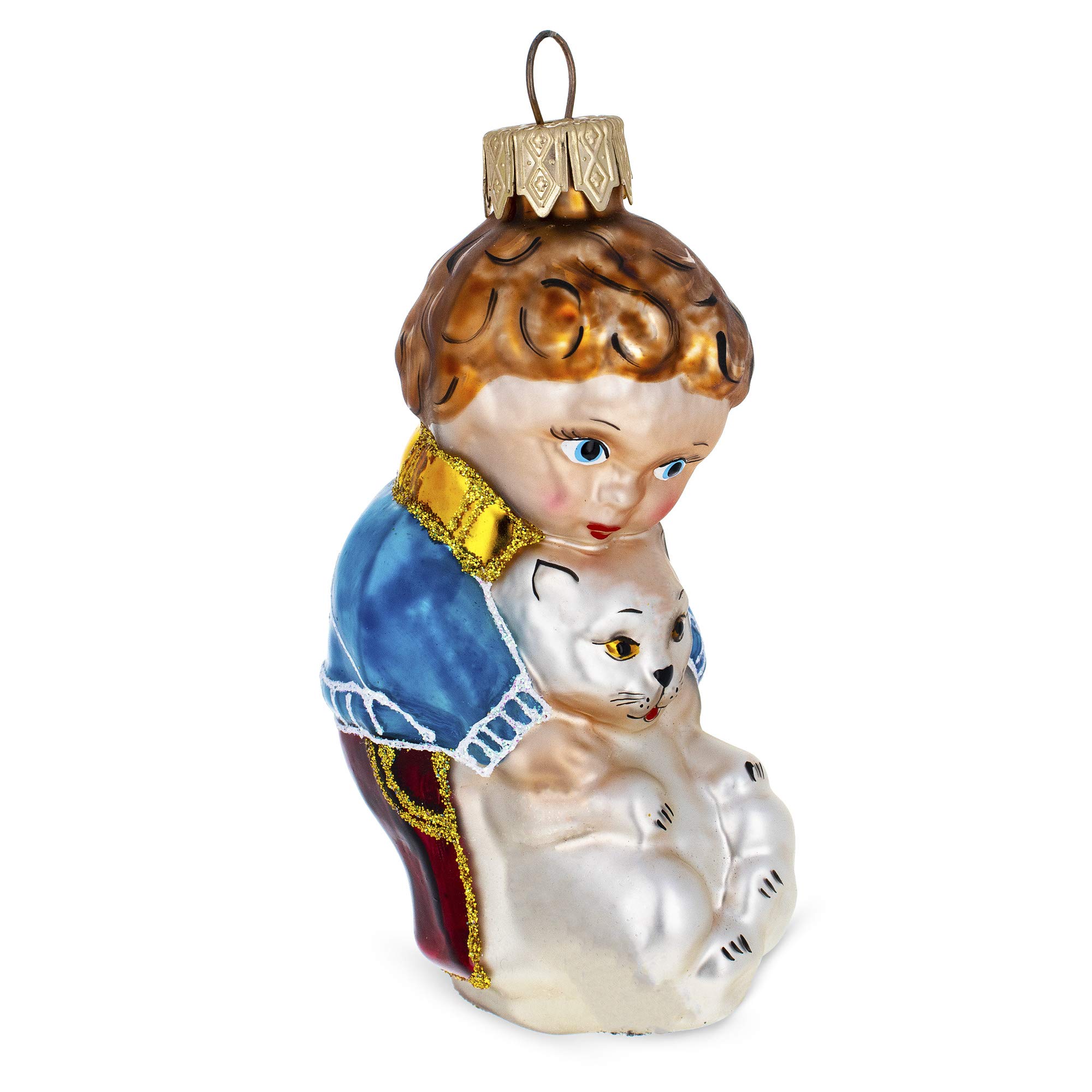 Boule de Noël en verre garçon caressant un chat BestPysanky pour sapin