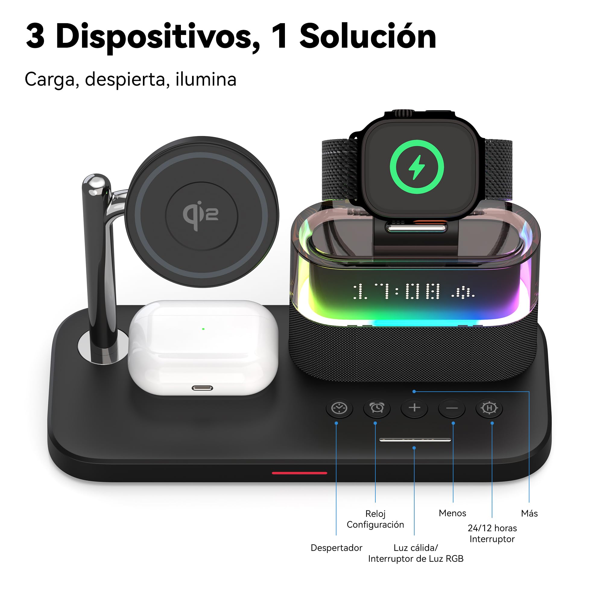 Cargador Inalámbrico 3 en 1 Qi2 15W Magnético para iPhone 17/16/15/14/13/12 Pro MAX, Apple Watch S10/9/8 y AirPods 4/3/2/Pro, Estación de Carga Rápida con Reloj LED y Luz RGB