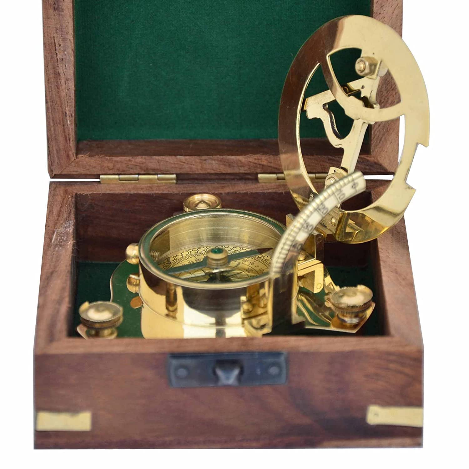 Bussola decorativa per la casa con meridiana nautica – bussola meridiana in ottone massiccio da 7,6 cm con scatola di legno bussola triangolare in ottone con gambe a vite regolabili strumento di