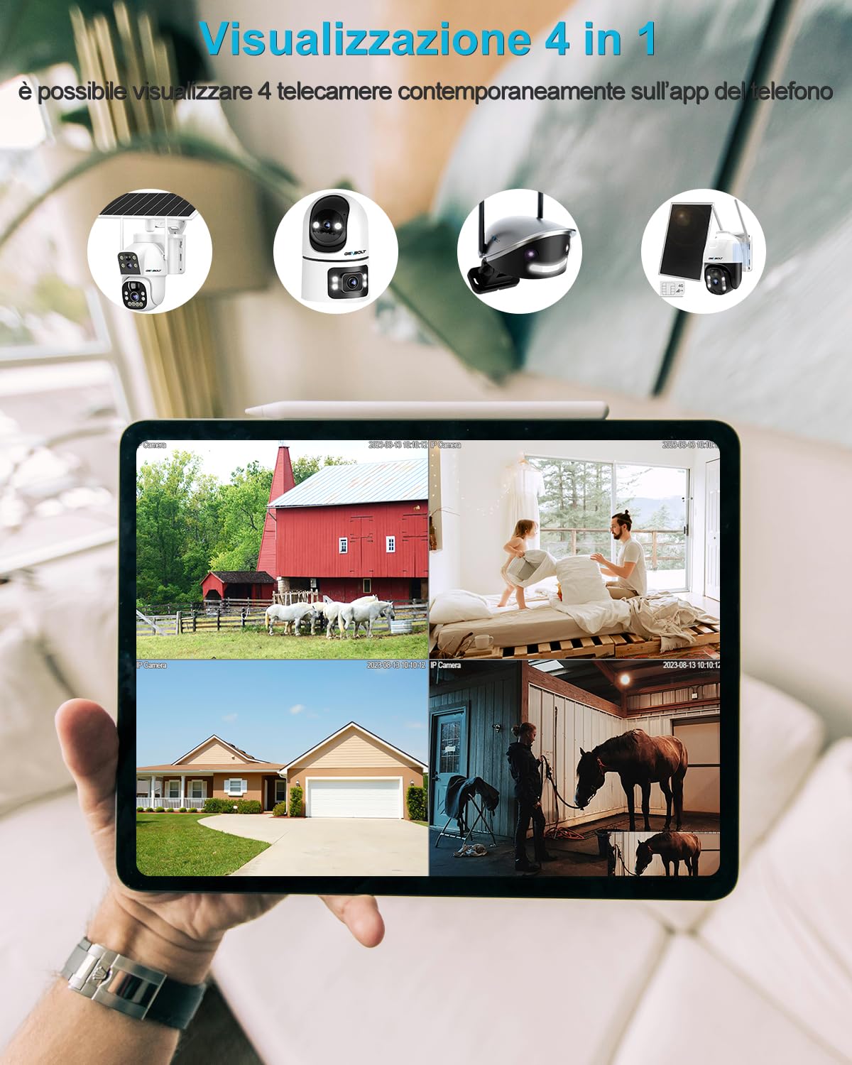 GENBOLT Telecamera di Sicurezza Wi-Fi Per Interni, Videocamera per neonati | 2MP+2MP, Vista a 360°, Rilevamento tramite IA, Baby Monitor, Audio bidirezionale, Tracciamento automatico, 2.4&5GHz