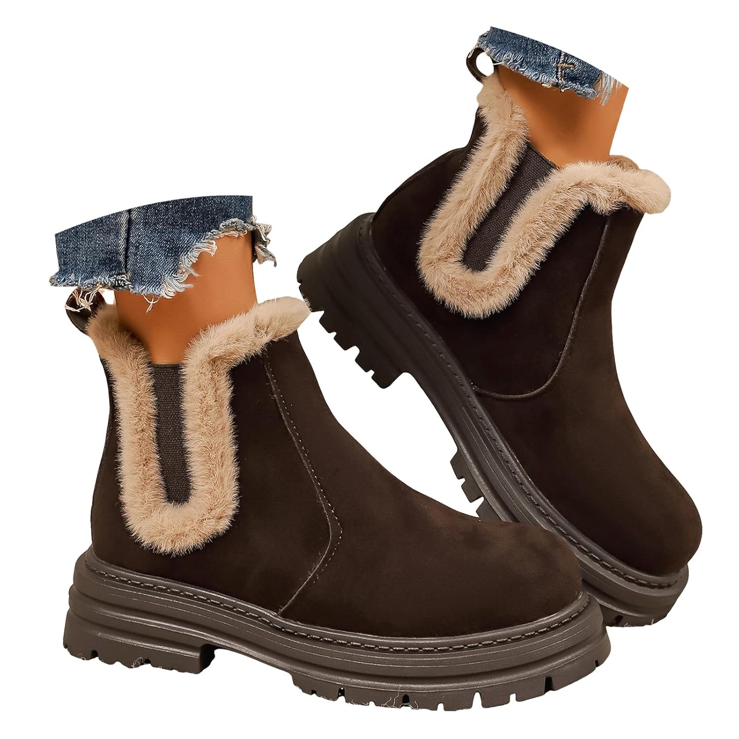ZSpzx Women Suede Snow Ankle Boots Platforms Plush Cuff Furry Plush Winter Booties Chunky Block Heels Round Toe
