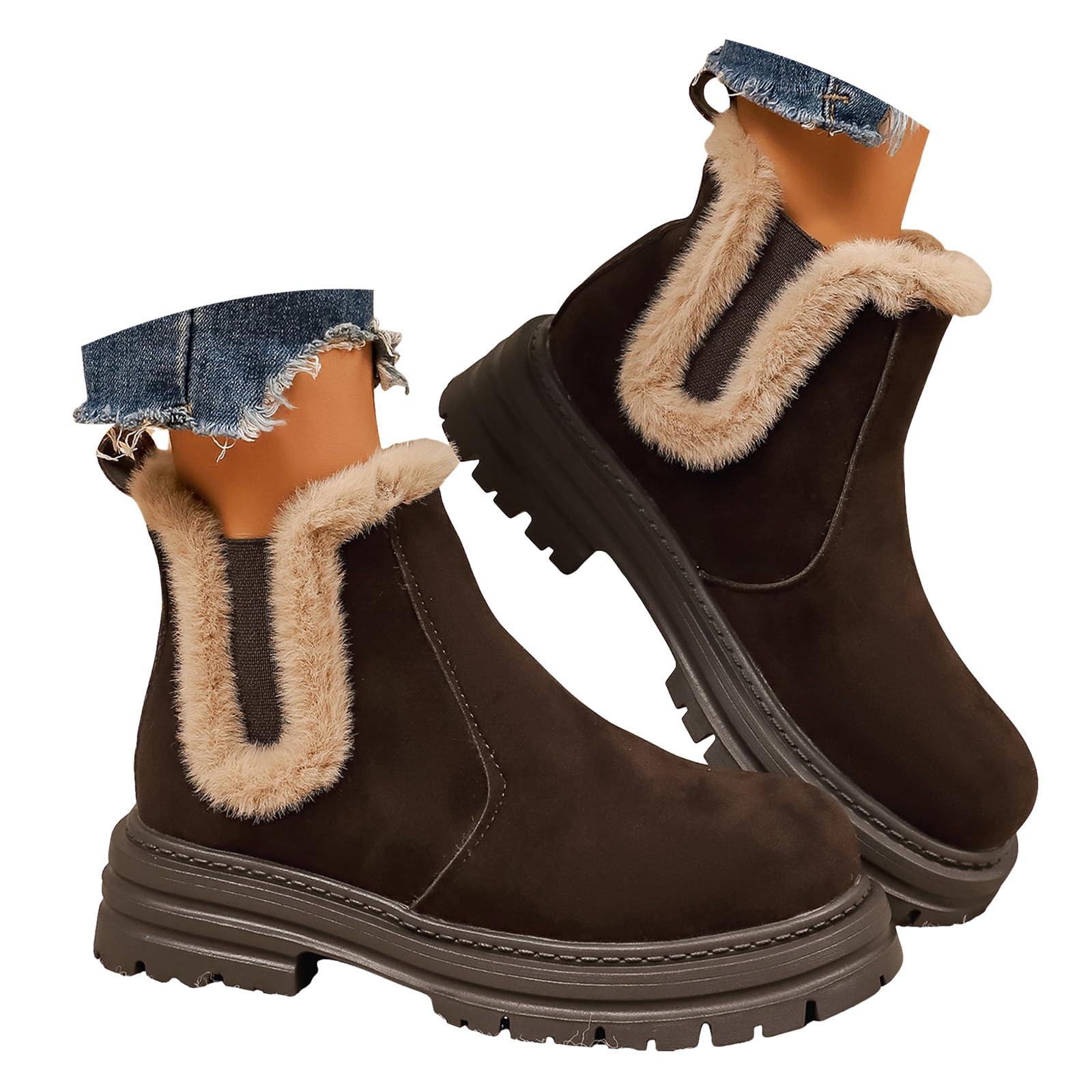 ZSpzx Women Suede Snow Ankle Boots Platforms Plush Cuff Furry Plush Winter Booties Chunky Block Heels Round Toe