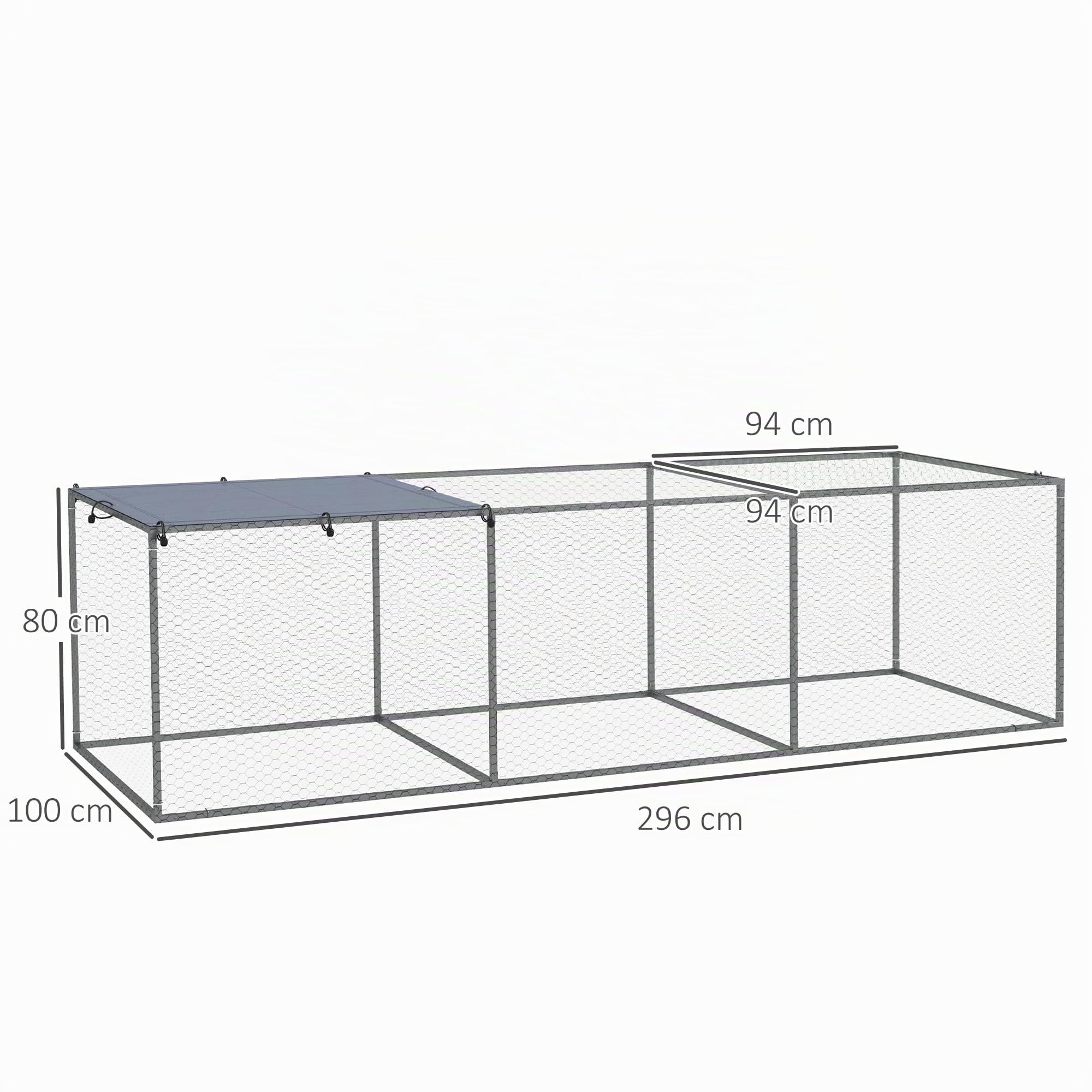 PawHut Recinto gallinero Jaula de conejera exterior 3 m² para pequeños animales, Ponederos gallinas, Jaulas, dim. 3 x 1 x 0,8 m Acero galvanizado, 1 Puerta superior, Espacio cubierto lona