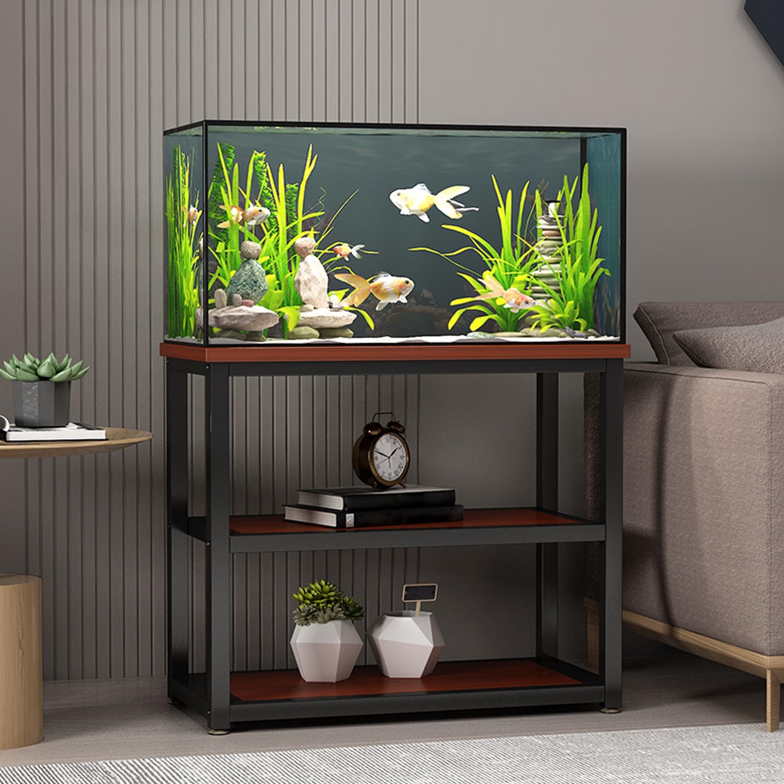 Support à plusieurs niveaux pour aquarium rouge 60x45cm en métal robuste