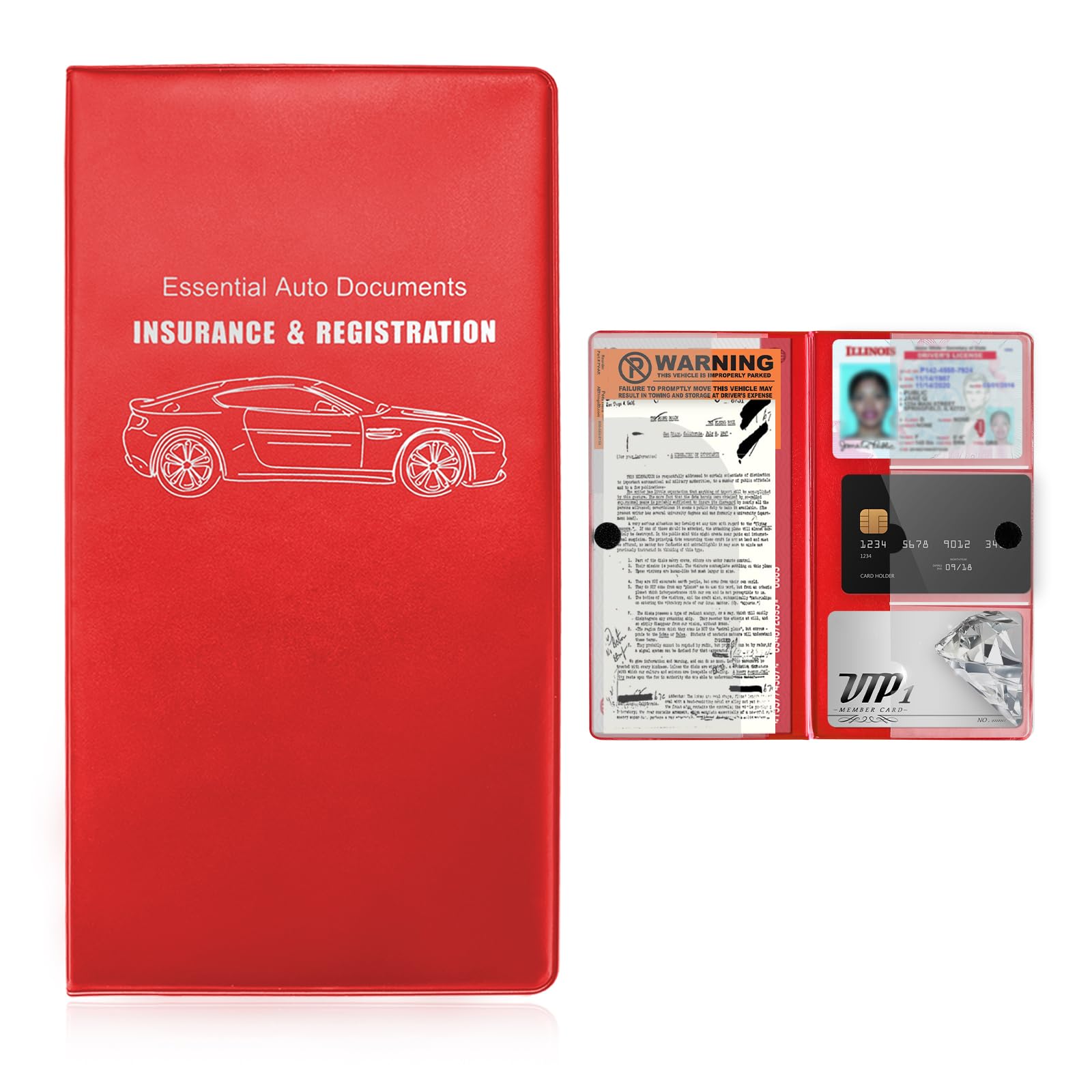 JNXIJ Car Registration Insurance Holder, 5.2"x9.6" Auto Insurance Card Organizer with Hook & Loop Closure, Waterproof Driver License Holder Paperwork Wallet Case for Vehicle (Glossy, Red)