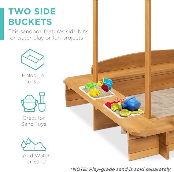 Best Choice Products Kids Wooden Cabana Sandbox Play Station for Children, Outdoor, Backyard w/ 2 Bench Seats, UV-Resistant Canopy Shade, Fabric Sandpit Cover, 2 Side Buckets - Natural