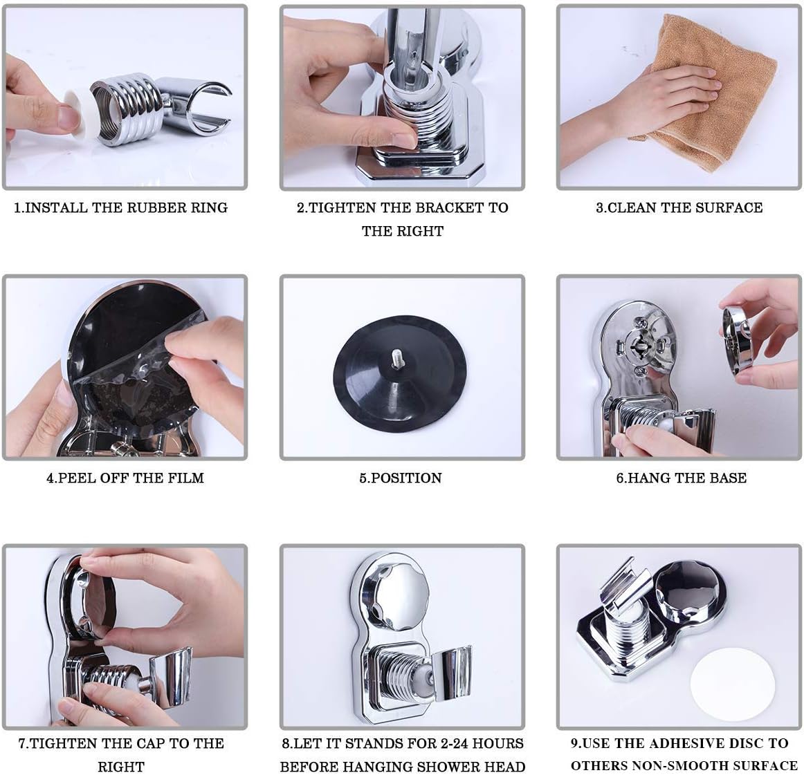 Vacuum Suction Cup Shower Head Holder Shower Head Stand Shower Head Bracket Shower Head Mount Wall Holder Shower Head Clip Reusable Adjustable With Adhesive Stick Disc For Bathroom (Chrome)
