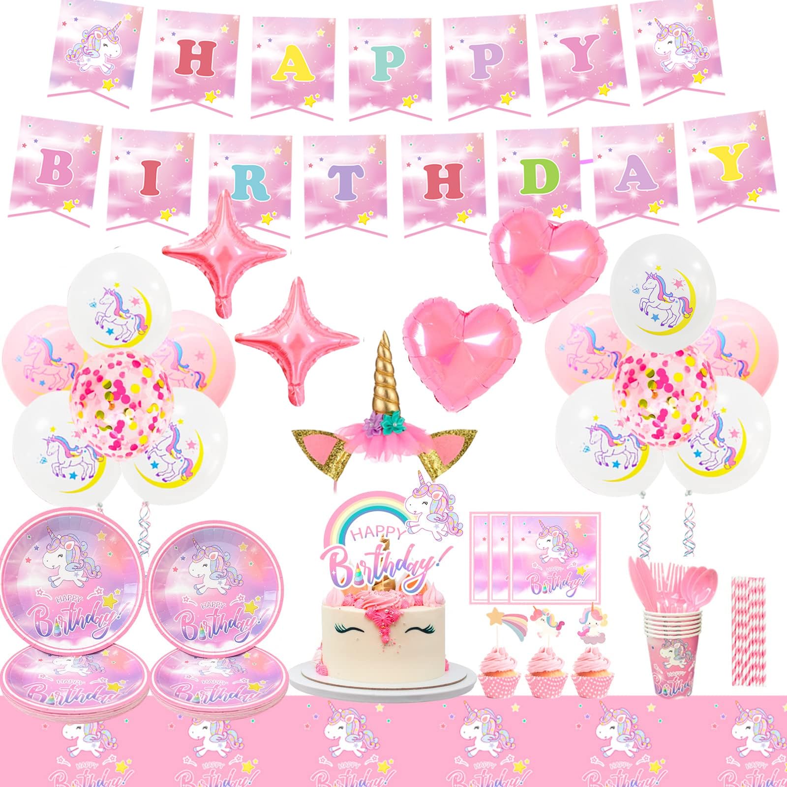Unicorn Birthday Party Supplies for 16 Guests, 178pcs Cute Party Decorations Tableware Set - Unicorn Party Plates Cups Napkins Tablecloth Banner Balloons Headband Cake Topper