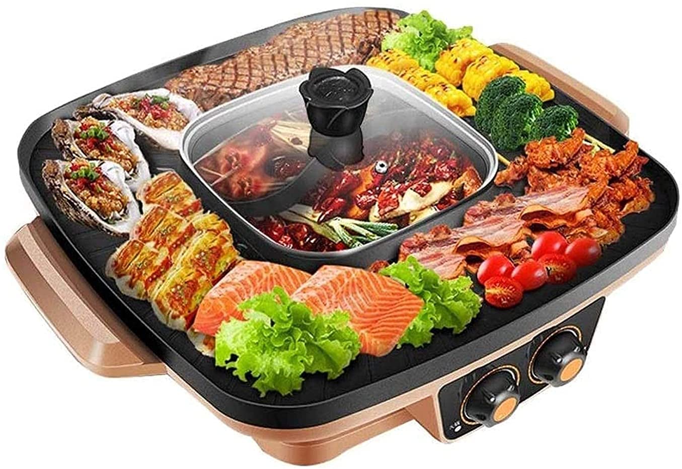 Parrilla de Asar Grill de Asar Plancha de Asar Barbacoa eléctrica Olla Caliente Parrilla eléctrica Barbacoa Interior 2 en 1 Super Olla con Placa de Parrilla 1101
