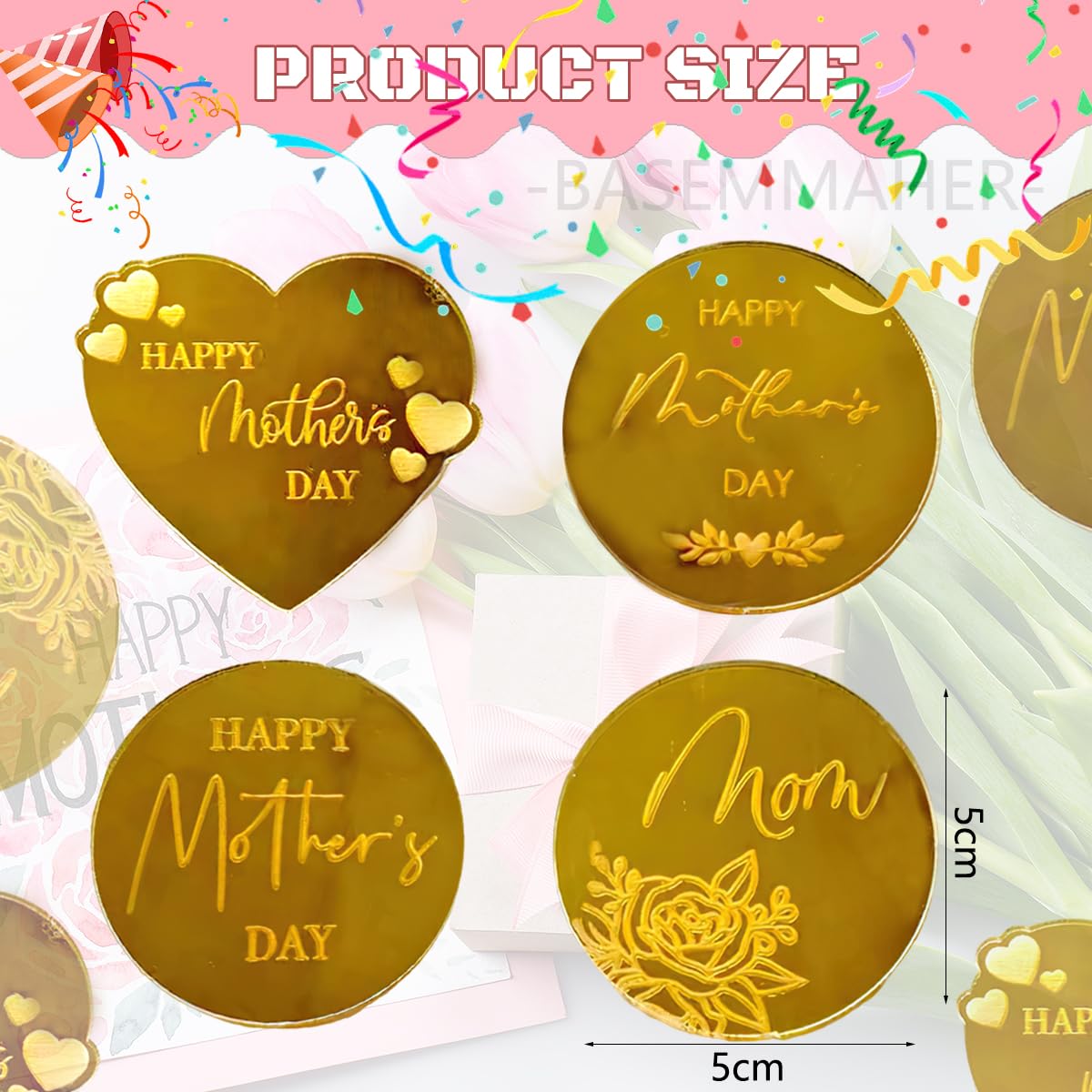 20Pcs Happy Mother's Day Cupcake Toppers - Glitter Gold Acrylic Mirror Discs With Heart & Rose - View #3