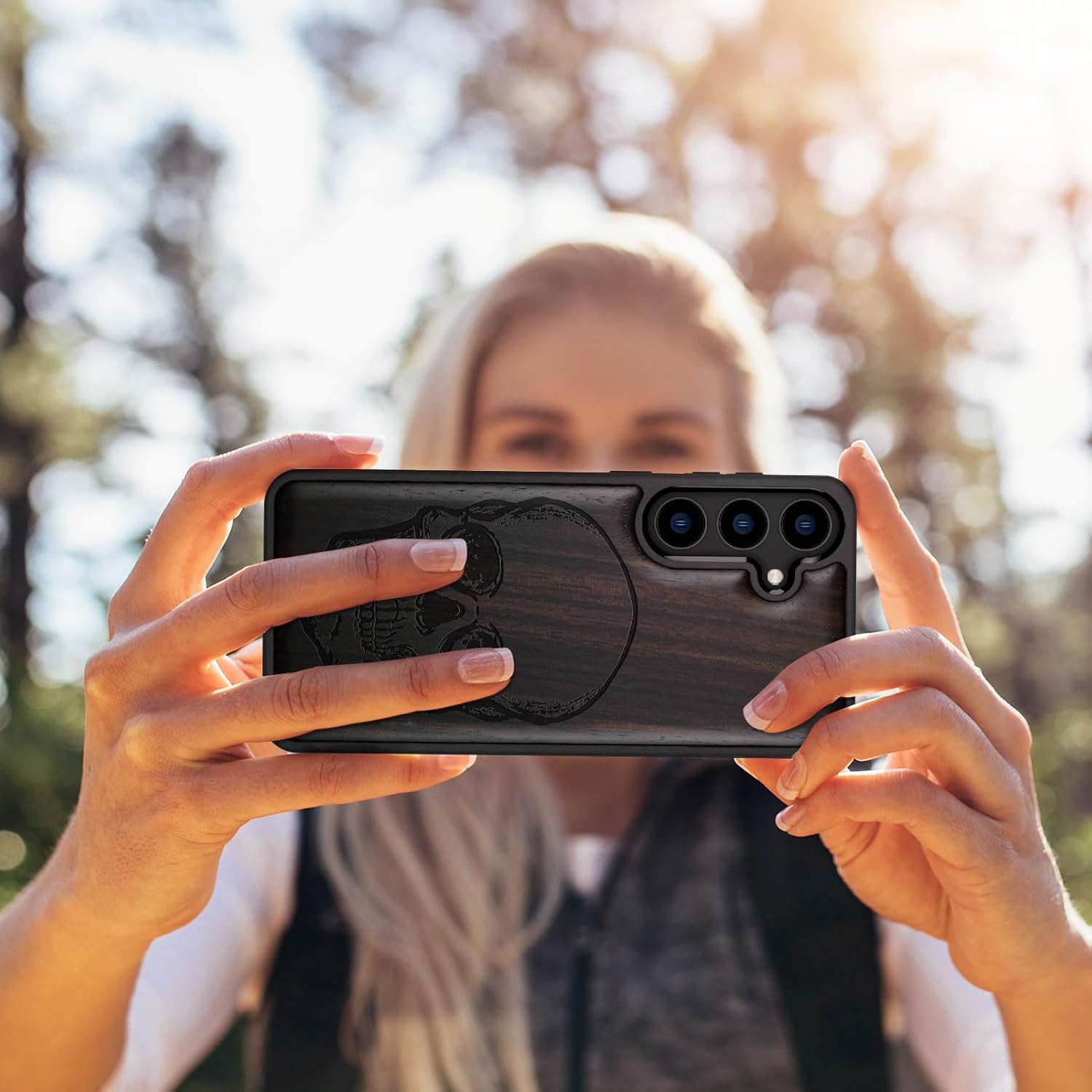 Carveit Wood Case for Galaxy S24 Plus Case [Natural Wood & Black Soft TPU] Shockproof Protective Cover Unique Wooden Design Compatible with S24 Plus (Shadowed Skull-Blackwood)