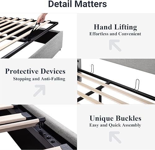 Miniatura 6 de Allewie Cama de almacenamiento elevable de tamaño matrimonial, cabecera moderna con respaldo alado, no necesita somier, almacenamiento hidráulico,